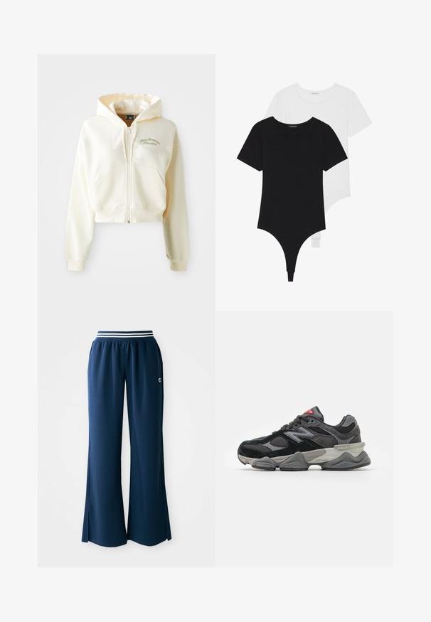 Hoodie cropped con zip in tessuto crema dalla texture morbida. Presenta un cappuccio, tasche frontali e un ricamo verde discreto che recita "New Balance Athletics."; Body aderenti dalla manica corta in bianco e nero con scolli rotondi e fondo a perizoma, realizzati in un tessuto liscio e elastico.; Pantaloni sportivi blu navy con gamba larga, cintura elastica con striscia bianca e spacchi laterali per un maggiore movimento. Logo sulla tasca.; Sneaker nera e grigia con un mix di materiali in suede e mesh, suola spessa, logo prominente e accento rosso sulla linguetta.