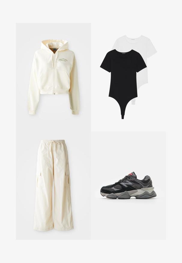 Ingekorte, rits-hoodie van crème stof met een zachte textuur. Beschikt over een capuchon, voorzakken en subtiele groene borduring met de tekst "New Balance Athletics."; Zwart-witte korte mouwen bodysuits met ronde halzen en stringonderdelen, gemaakt van glad, rekbaar stof.; Brede cargo-broek van lichtbeige stof met een elastische tailleband, trekkoordsluiting en zijzakken. Hete gladde textuur met minimale details.; Zwarte en grijze sneaker met een mix van suede en mesh materialen, dikke zool, opvallend logo en een rode accent op de tong.