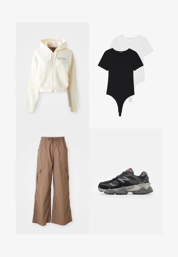 Ingekorte, rits-hoodie van crème stof met een zachte textuur. Beschikt over een capuchon, voorzakken en subtiele groene borduring met de tekst "New Balance Athletics."; Zwart-witte korte mouwen bodysuits met ronde halzen en stringonderdelen, gemaakt van glad, rekbaar stof.; Bruine, losse cargobroek met een elastische tailleband en zijflapzakken, wijd beenontwerp, gepresenteerd tegen een witte achtergrond.; Zwarte en grijze sneaker met een mix van suede en mesh materialen, dikke zool, opvallend logo en een rode accent op de tong.