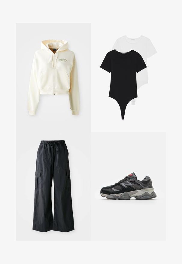 Trumpas, su užtrauktuku užsegamas džemperis kremine spalva, su minkšta tekstūra. Yra gobtuvė, priekinės kišenės ir subtili žalia siuvinėta užrašas "New Balance Athletics."; Juodai balti trumpų rankovių bodžiai su apvaliais iškirpimais ir thong tipo apatiniais, pagaminti iš lygaus, tampraus audinio.; Juodos kargo kelnės, pagamintos iš lengvos medžiagos, su plačiomis kojomis, elastingu juosmeniu ir keliais šoniais kišenėmis. Paprastos ir funkcionalios.; Juodos ir pilkos sportbačiai su zomšos ir tinklelio medžiagų mišiniu, storu padu, išsiskiriančiu logotipu ir raudona akcentu ant liežuvėlio.