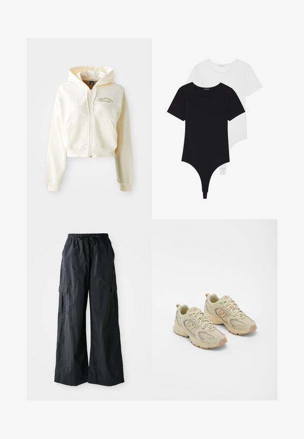 Gekürzte, Reißverschluss-Hoodie aus cremefarbenem Stoff mit einer weichen Textur. Mit Kapuze, Fronttaschen und dezentem grünen Bestickung mit der Aufschrift "New Balance Athletics".; Schwarz-weiße kurzärmelige Bodysuits mit Rundhalsausschnitten und Tanga-Style, aus glattem, dehnbarem Stoff gefertigt.; Schwarze Cargo-Hosen aus leichtem Material, mit weitem Bein-Design, elastischem Bund und mehreren Seitentaschen. Einfach und funktional.; Beige Sportliche Schuhe mit Obermaterial aus Netzgewebe, strukturierten Akzenten und Gummisohle. Mit auffälligem Logo an der Seite und Schnürverschluss.