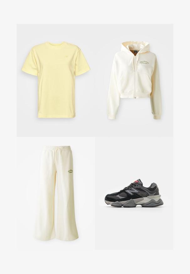 Trumpas, su užtrauktuku užsegamas džemperis kremine spalva, su minkšta tekstūra. Yra gobtuvė, priekinės kišenės ir subtili žalia siuvinėta užrašas "New Balance Athletics."; Geltona medžiaginė marškinėliai, pagaminti iš medvilnės, su trumpomis rankovėmis ir apykakle. Subtilus logotipas atitinkančios geltonos spalvos kairėje krūtinės pusėje.; Kreminės pločio kojų treningo kelnės su elastinga juosmens juosta ir reguliuojama raišteliu. Išsiuvinėtas žalias tekstas "Atletinis" priekyje. Minkšta medžiaga.; Juodos ir pilkos sportbačiai su zomšos ir tinklelio medžiagų mišiniu, storu padu, išsiskiriančiu logotipu ir raudona akcentu ant liežuvėlio.