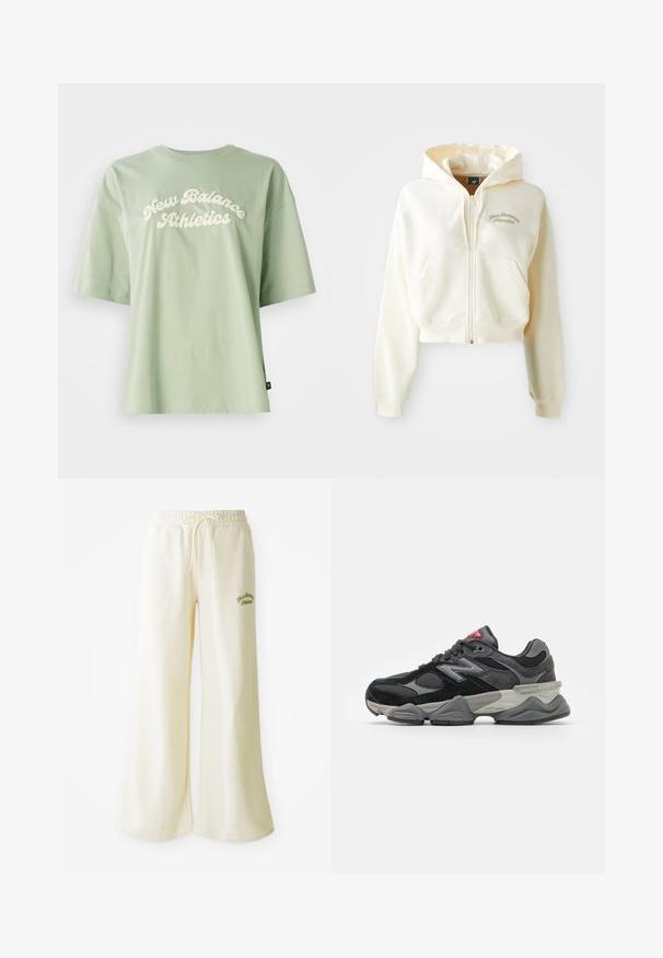 Kratki najlonjak s patent-zatvaračem u kremastoj tkanini s mekim teksturom. Ima kapuljaču, prednje džepove i suptilnu zelenu vezenu oznaku s natpisom "New Balance Athletics."; Zeleni pamučni majica s kratkim rukavima koja ima zakrivljeni logo "New Balance Athletics" u krem boji na prednjem dijelu, s opuštenim krojem.; Krem hlače širokih nogavica s elastičnim pojasom i podesivim vezicom. Izvezeni zeleni natpis "Athletic" naprijed. Mekani materijal.; Crne i sive tenisice s kombinacijom antilopa i mrežastih materijala, debelim đonom, istaknutim logotipom i crvenim naglaskom na jeziku.