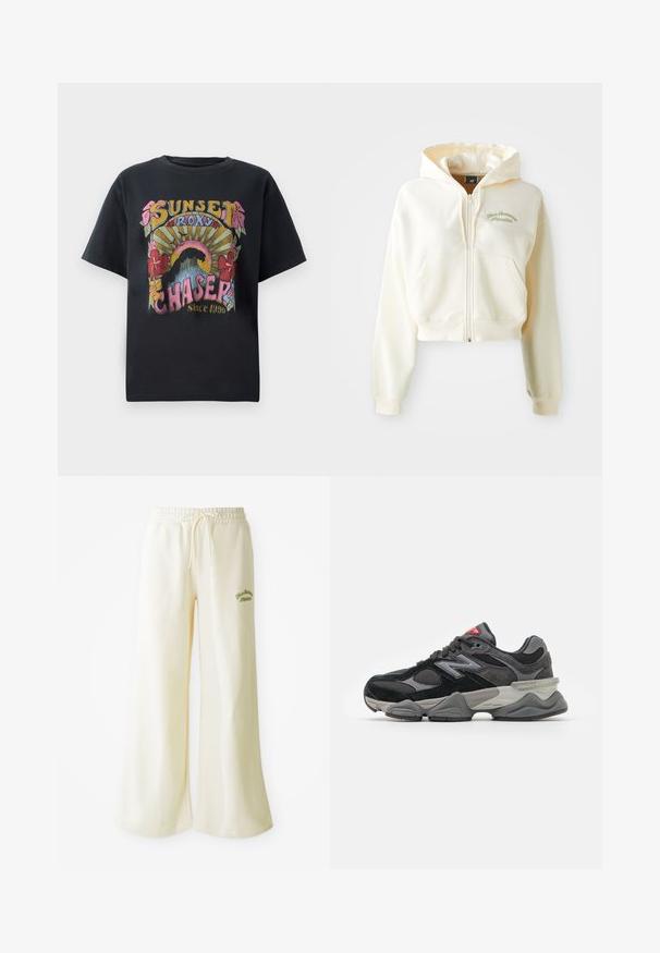 Hanorac scurt, cu fermoar, dintr-un material crem moale. Are capricorn, buzunare frontale și un broderie subtilă verde cu textul "New Balance Athletics."; Tricou negru din bumbac cu un design grafic colorat, ce prezintă flori, raze de soare și textul "SUNSET ROXY CHASER Since 1990" evidențiat.; Pantaloni de trening largi de culoare crem, cu talie elastică și șnur ajustabil. Textul brodat "Athletic" de culoare verde pe față. Material moale.; Adidași negri și gri cu un amestec de material din suede și plasă, talpă groasă, logo proeminent și accente roșii pe limbă.