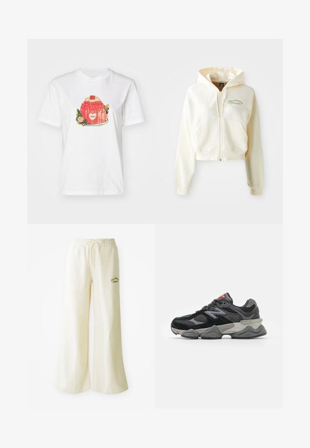 Kropēta, ar rāvējslēdzēju aizverama džemperis krēmkrāsā ar mīkstu tekstūru. Ievērojams ar kapuci, priekšējām kabatām un smalku zaļu izšuvumu ar uzrakstu "New Balance Athletics."; Balts kokvilnas T-krekls ar krāsainu desertu ilustrāciju ar ķirsīti virsū un ziedu akcentiem, kas centrēti uz priekšpuses.; Krēmkrāsas platās sporta bikses ar elastīgu jostu un regulējamu auklu. Uz priekšpuses izšūts zaļš uzraksts "Athletic". Mīksts audums.; Melna un pelēka sporta apavi ar suede un sieta materiālu kombināciju, bieza zole, izteikts logs un sarkana akcents uz mēles.