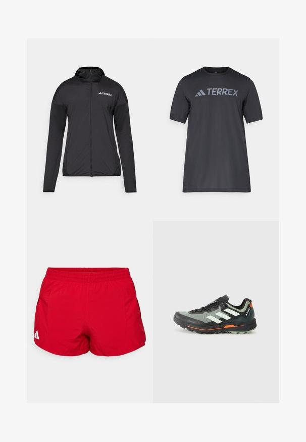 Zwarte Terrex-jack met een rits aan de voorkant, een capuchon en contrasterende stof op de mouwen. Kenmerkt zich door een gladde textuur en een minimalistisch ontwerp.; Zwarte korte mouwen t-shirt van lichtgewicht stof, met een lichtgrijze "TERREX" logo over de borst en een ronde hals.; Rode sportieve shorts gemaakt van lichtgewicht stof met een elastische tailleband. Beschikt over zijzakken en een witte logo-accent bij de zoom.; Lichte trailrunningschoen met een grijs en zwart mesh bovenwerk, oranje accenten en een robuuste buitenzool voor grip. Waterdichte Gore-Tex voering.