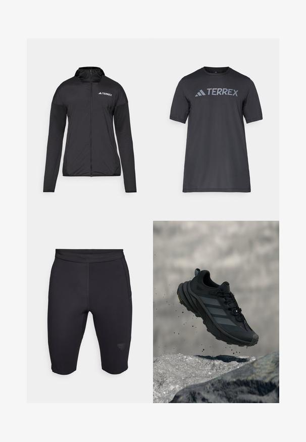 Giacca Terrex nera con zip frontale, cappuccio e tessuto a contrasto su maniche. Presenta una texture liscia e un design minimalista.; T-shirt nero a maniche corte realizzato in tessuto leggero, con il logo "TERREX" grigio chiaro sul petto e colletto tondo.; Pantaloni ciclistici neri realizzati in materiale elasticizzato, con una texture liscia, design aderente e un logo discreto sulla parte inferiore della gamba.; Scarpa da trekking nera con tomaia strutturata, tre strisce grigie e colletto imbottito. Presenta una suola robusta per trazione e stabilità.
