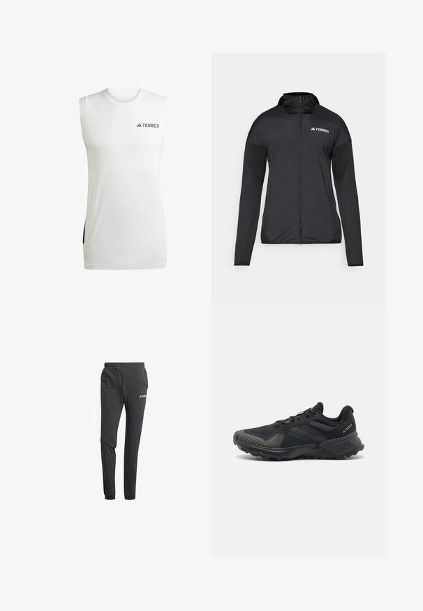 Schwarze Terrex-Jacke mit einem Reißverschluss vorne, Kapuze und kontrastierendem Stoff an den Ärmeln. Sie zeichnet sich durch eine glatte Textur und ein minimalistisches Design aus.; Ärmelloses weißes Sportshirt aus feuchtigkeitstransportierendem Stoff, mit rundem Ausschnitt und schwarzen seitlichen Akzenten sowie dem Terrex-Logo.; Schwarze Sporthose aus leichtem Stoff, mit elastischem Bund, Seitentaschen, schmal zulaufenden Beinen und Logodetails.; Schwarze Sportschuhe mit einem strukturierten Mesh-Obermaterial, Gummisohle und auffälligen grauen Akzenten an der Zehe und den Seitenwänden. Verstärktes Fersendesign.