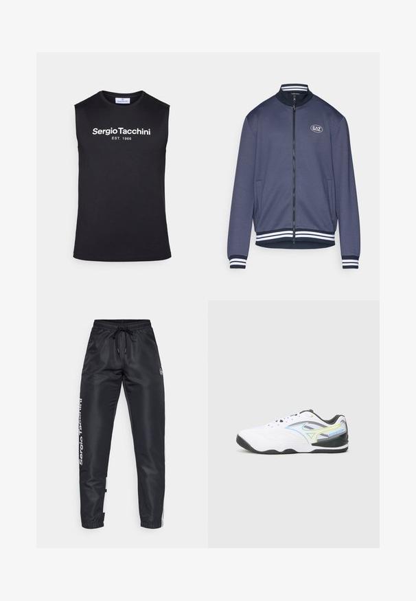 Tumesinine lukuga jope, millel on tekstuuriga viimistlus, ribakujulised valged triibud varrukaotstes ja allääres, ning väike EA7 logo rinnal.; Must taevari puuduv T-särk, mis on valmistatud puuvillast, kus rinnal on julge valge trükitud logo "Sergio Tacchini EST. 1966".; Mustad kangast sportlikud püksid, millel on nööriga vöökoht, valge brändingu detail külgedel ja kontrastse värviga paneelid alläärtes.; Valge spordijalats tekstureeritud pealmise osaga, millel on sinised ja rohelised aksessuaarid, pehmendatud kaelus ning must kummist talla, millel on mustririkas tallapind.