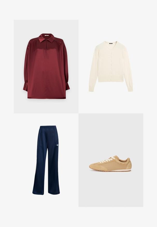 Crème-kleurige gebreide cardigan met een V-hals, lange mouwen en een knoopsluiting aan de voorkant. Zachte textuur en geribbelde details bij de mouwen en de onderrand.; Bordeauxroze satijnen blouse met lange mouwen, een puntige kraag, geplooide schouders en knoopmanchetten tegen een effen achtergrond.; Marineblauwe sportbroeken van gladde stof, met een elastische tailleband en witte logodetails op de linkerheup. Recht model.; Lichtbruine sneaker van suède en stof, met een ronde neus, witte veters en een rubberen zool met een gestructureerde afwerking.