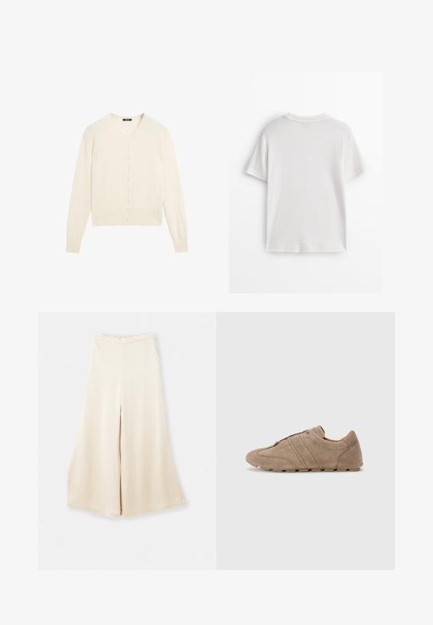 Crème-kleurige gebreide cardigan met een V-hals, lange mouwen en een knoopsluiting aan de voorkant. Zachte textuur en geribbelde details bij de mouwen en de onderrand.; Wit katoenen T-shirt met korte mouwen, een ronde hals en een gladde textuur. De achterkant is effen zonder extra patronen of ontwerpen.; Beige wijde broek gemaakt van een gladde stof met een hoge tailleband en een zachte val. Kenmerkt zich door een losse pasvorm en schone, eenvoudige lijnen.; Beige suède schoenen met een lage profiel, voorzien van gestikte lijnen en een gestructureerd oppervlak, aangevuld met rubberen traction buitenzolen.