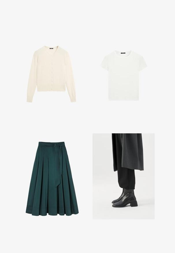 Cremfarbener gestrickter Cardigan mit V-Ausschnitt, langen Ärmeln und einer Knopfleiste. Weiche Textur und gerippte Details an den Bündchen und am Saum.; Schlichtes weißes T-Shirt mit kurzen Ärmeln und Rundhalsausschnitt in schlanker Passform, flach vor einem weißen Hintergrund präsentiert.; Türkisfarbene Midi-Rock aus glattem Stoff, mit Falten, einem Taillenbund mit Gürtelschlaufen und einem gebundenen Gürtel. Der Saum ist gerade mit Nähdetails.; Schwarze Lederstiefeletten mit quadratischer Zehenform und dicker Absatz, getragen mit lockeren schwarzen Hosen und einem dunkelgrauen Mantel. Glatte Oberflächenstruktur.