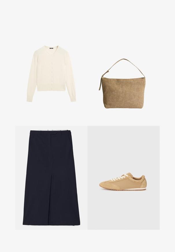Crème-kleurige gebreide cardigan met een V-hals, lange mouwen en een knoopsluiting aan de voorkant. Zachte textuur en geribbelde details bij de mouwen en de onderrand.; Effen witte T-shirt met korte mouwen en een ronde hals, met een slim fit, vlak weergegeven tegen een witte achtergrond.; DESIGNERS REMIX SCOTT LONG SKIRT - Maxirok - navy; Lichtbruine sneaker van suède en stof, met een ronde neus, witte veters en een rubberen zool met een gestructureerde afwerking.; Geweven beige leren tas met een enkele schouderband, met een rechthoekige vorm en een gestructureerd oppervlak. Verstelbaar bandbeslag inbegrepen.