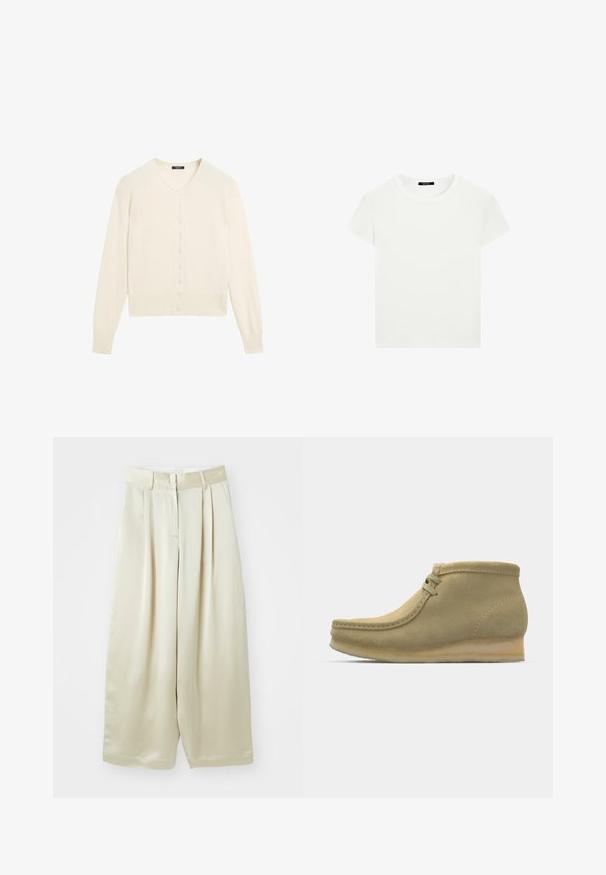 Cremefarvet strikket cardigan med V-hals, lange ærmer og knaplukning foran. Blød tekstur og ribbet detaljering ved manchetter og nederste kant.; Simpel hvid t-shirt med korte ærmer og rund halsudskæring, slim fit, præsenteret fladt mod en hvid baggrund.; Cremefarvede brede bukser med plisseringer, lavet af glat stof. Har en flad talje, knaplukning og sidelommer for funktionalitet.; Beige ruskind ankelstøvler med rund tå, minimal syning, en lille hæl og snørebåndslukning for justerbar pasform.