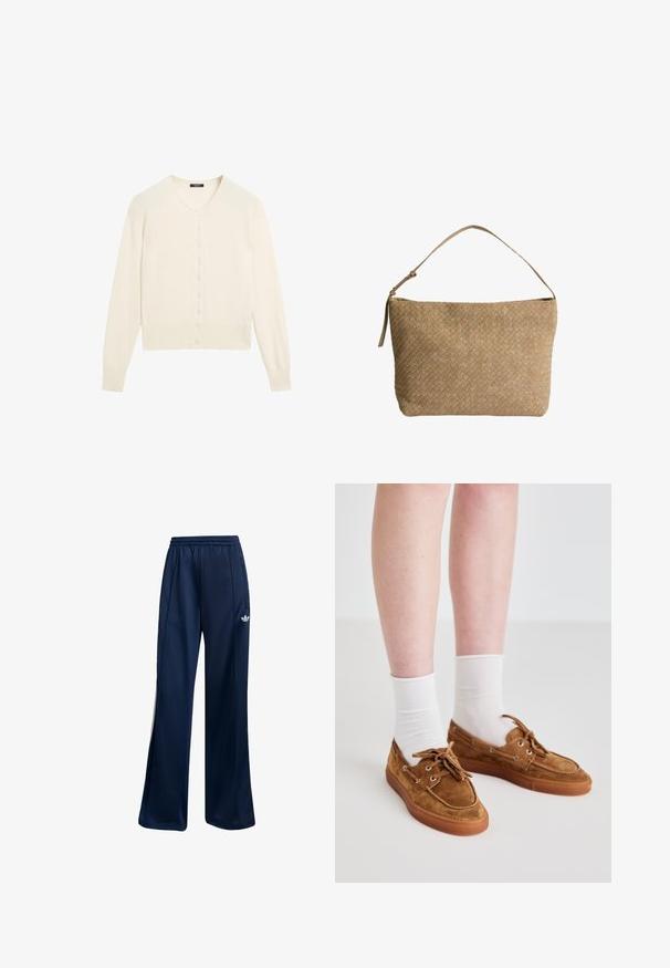 Cardigan lavorato a maglia di colore crema con scollo a V, maniche lunghe e chiusura frontale con bottoni. Tessuto morbido e dettagli a coste sui polsini e sull'orlo.; T-shirt bianca a maniche corte e scollo rotondo con vestibilità slim, esposta piatta su uno sfondo bianco.; Pantaloni sportivi blu navy realizzati in tessuto morbido, con elastico in vita e dettaglio del logo bianco sul fianco sinistro. Design a gamba dritta.; Calzature in suede marrone con suola in gomma, dotate di lacci, occhielli in metallo e indossate con calze bianche a manica corta.; Borsa in pelle beige intrecciata con una singola tracolla, caratterizzata da una forma rettangolare e una superficie testurizzata. Inclusi gli accessori per la regolazione della tracolla.