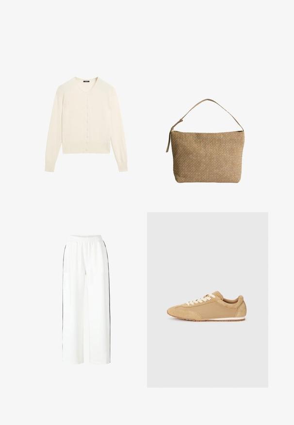 Krämfärgad stickad kofta med V-ringning, långa ärmar och knappstängning fram. Mjuk textur och ribbad detaljering vid ärmsluten och nederkant.; Rak vit kortärmad t-shirt med rund halsringning och slim fit, lagd platt mot en vit bakgrund.; Vita vida byxor med elastisk midja och svarta sidostråkar. Slät tygtextur med avslappnad passform genom benen.; Ljusbrun sneakers i mocka och tyg, med rund tå, vita snören och en gummisul med en texturerad yta.; Vävd beigemodell läderväska med en enkel axelrem, med rektangulär form och strukturerad yta. Justerbar remran inkluderad.