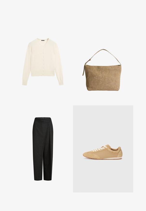 Crème-kleurige gebreide cardigan met een V-hals, lange mouwen en een knoopsluiting aan de voorkant. Zachte textuur en geribbelde details bij de mouwen en de onderrand.; Effen witte T-shirt met korte mouwen en een ronde hals, met een slim fit, vlak weergegeven tegen een witte achtergrond.; Zwarte broek met streepjespatronen en een wijde pijp ontwerp, met een cropped lengte en een geplooide tailleband voor een gekleed uiterlijk. Zachte stoffen textuur.; Lichtbruine sneaker van suède en stof, met een ronde neus, witte veters en een rubberen zool met een gestructureerde afwerking.; Geweven beige leren tas met een enkele schouderband, met een rechthoekige vorm en een gestructureerd oppervlak. Verstelbaar bandbeslag inbegrepen.