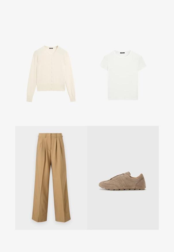 Crème-kleurige gebreide cardigan met een V-hals, lange mouwen en een knoopsluiting aan de voorkant. Zachte textuur en geribbelde details bij de mouwen en de onderrand.; Effen witte T-shirt met korte mouwen en een ronde hals, met een slim fit, vlak weergegeven tegen een witte achtergrond.; Beige katoenen broek met een hoge taille, geplooide voorkant, wijde pijpen en een gladde textuur. Voorzien van een standaard tailleband en riemlussen.; Beige suède schoenen met een lage profiel, voorzien van gestikte lijnen en een gestructureerd oppervlak, aangevuld met rubberen traction buitenzolen.