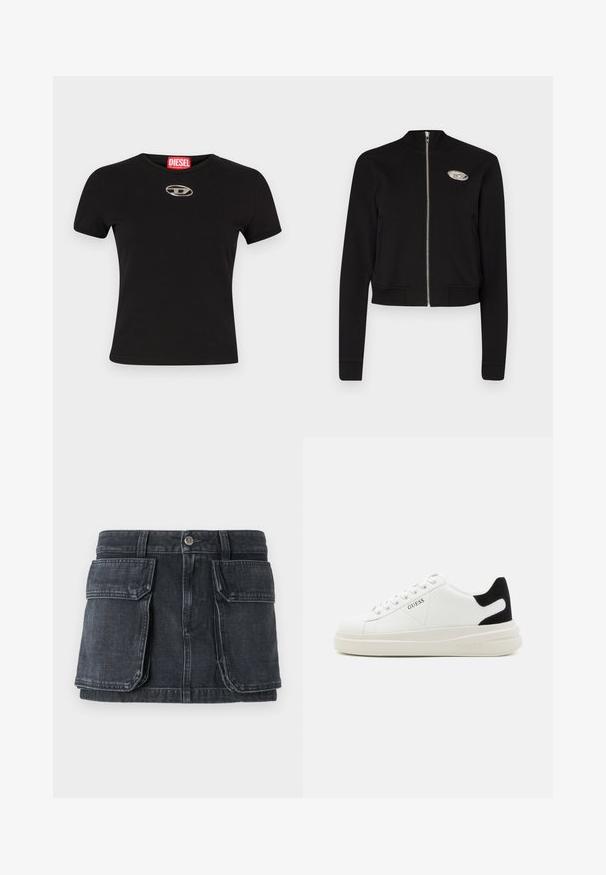 Svart kort zip-up jakke laget av myk tekstil. Har høy krage, ribbede mansjetter og liv, med en sølvfarget logo på brystet.; Svart t-skjorte med kortermet, laget av bomull, med rund hals og en metallisk oval logo på forsiden.; Svart denimskjørt med en tettsittende midje, knappelukking, to store frontlommer og kontrasterende sømdetaljer.; Hvite lær sneakers med tykk hvit såle, svart semsket hælforsterkning og preget logo på siden. Snøresystem med seks hull.