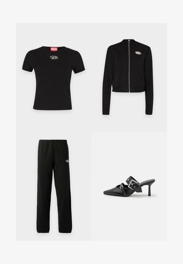 Juoda trumpa užtrauktuko striukė, pagaminta iš minkštos medžiagos. Turi aukštą apykaklę, raukšlėtus rankogalius ir juosmenį, su sidabriniu logotipu krūtinėje.; Juodas trumpomis rankovėmis marškinėliai, pagaminti iš medvilnės, su apvaliu kaklu ir metaliniu ovaliu logotipo akcentu priekyje.; Juodos sportinės kelnės su elastinga juosmens juosta ir rankogaliais. Ant šlaunies yra mažas logotipas. Pagamintos iš švelnios, lygaus audinio.; Juodos aukštakulnės mule bateliai su smailiu pirštu, pagaminti iš lygaus odos. Turi platų kulkšnies dirželį su kvadratiniu sidabro sagtimi ir skulptūromis.