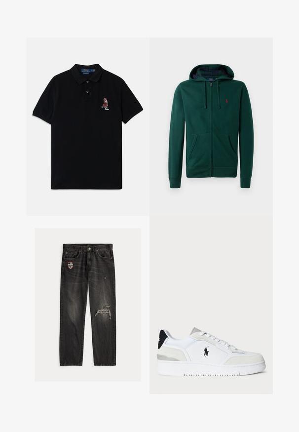 Zelená zipová mikina vyrobená z měkkého materiálu, s centrálním zipem, dvěma předními kapsami, ribbed manžetami a červeným logem na hrudi.; Olivově zelená prošívaná vesta s vysokým límcem, předním zapínáním na zip, vodorovným prošíváním a malým logem na hrudi. Lehké materiál.; Černé polo tričko z bavlny s límečkem, dvouknoflíkovou légou a vyšitým logem na levé hrudi. Krátké rukávy a měkká textura.; Černé džíny z denimu s rovnými nohavicemi, opotřebovanými detaily a náplastí na levé kapse. Má viditelné švy a vybledlou texturu.; Bílé tenisky se svrškem z nubuku a kůže, černým akcentem na patě, plochými tkaničkami, logem po straně a texturovanou podrážkou.