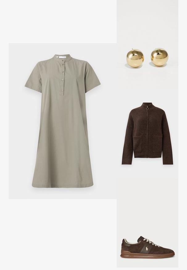 Tamsiai ruda pūkuota zip-up kardiganas su aukštu kaklu, dviem priekinių kišenėmis ir ilgomis rankovėmis prieš baltą foną.; Kaki medvilnės suknelė su trumpomis rankovėmis, stovinčiu apykaklė ir mygtukų užsegimas priekyje; laisvas siluetas ir iki kelių ilgio.; Rudi suede sportbačiai su tekstūruotais elementais, balti raišteliai ir auksinė logotipo detalė. Su guma padanga ir paminkštinta apykaklė patogumui.; Aukso sferinės auskarai su poliruotu paviršiumi ir mažu kaiščiu. Pasižymi lygiu tekstūru ir atspindinčiu paviršiumi.