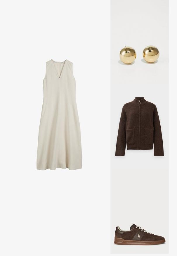 Dunkelbraune flauschige Zip-Up-Strickjacke mit hohem Kragen, zwei vorderen aufgesetzten Taschen und langen Ärmeln vor einem weißen Hintergrund.; Ärmelloses beiges Kleid mit V-Ausschnitt, aus leichtem Leinen gefertigt. Verfügt über einen Reißverschluss hinten und eine lockere, fließende Silhouette.; Braune Wildledersneaker mit strukturierten Einsätzen, weißen Schnürsenkeln und einem goldenen Logo. Verfügt über eine Gummisohle und einen gepolsterten Kragen für zusätzlichen Komfort.; Goldene, kugelförmige Steckohrringe mit polierter Oberfläche und kleinem Steg. Sie weisen eine glatte Textur und reflektierende Oberfläche auf.