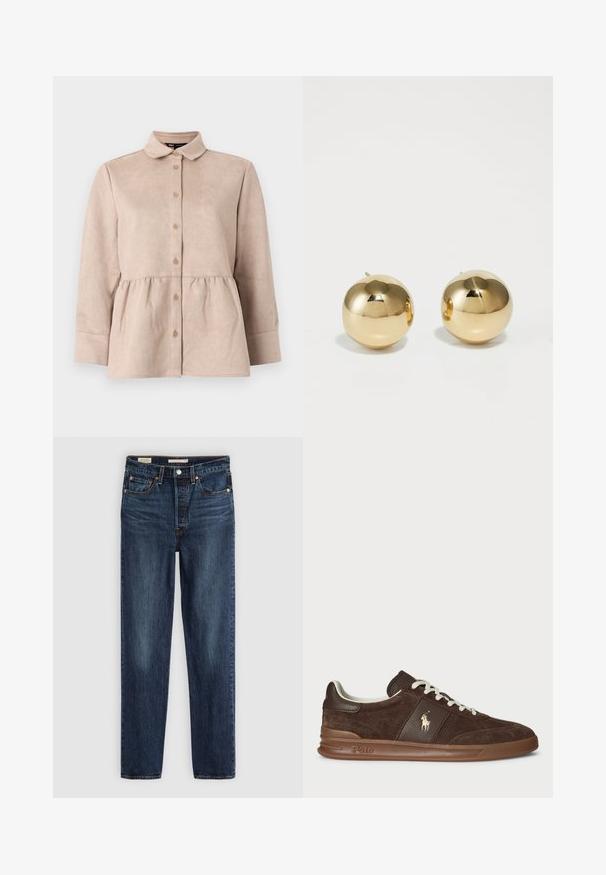 Dunkelbraune flauschige Zip-Up-Strickjacke mit hohem Kragen, zwei vorderen aufgesetzten Taschen und langen Ärmeln vor einem weißen Hintergrund.; Beige Wildlederhemd mit Kragen, durchgängigem Knopfverschluss und Peplum-Taille. Verfügt über lange Ärmel und eine glatte Textur mit kleinen Knöpfen.; Dunkelblaue gerade geschnittene Jeans mit fünf Taschen, Knopf- und Reißverschluss und kontrastierenden Nähten.; Braune Wildledersneaker mit strukturierten Einsätzen, weißen Schnürsenkeln und einem goldenen Logo. Verfügt über eine Gummisohle und einen gepolsterten Kragen für zusätzlichen Komfort.; Goldene, kugelförmige Steckohrringe mit polierter Oberfläche und kleinem Steg. Sie weisen eine glatte Textur und reflektierende Oberfläche auf.