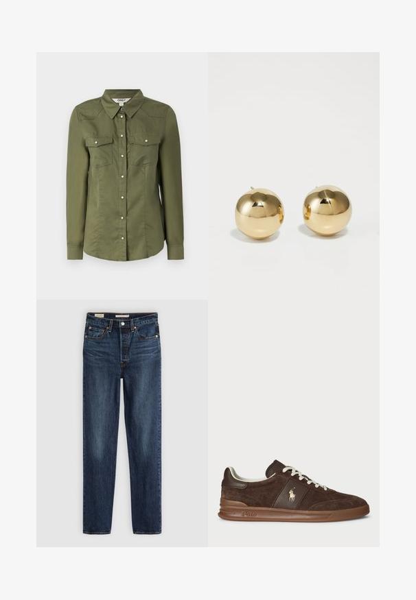 Ciemnobrązowy, puszysty kardigan na zamek błyskawiczny z wysokim kołnierzem, dwiema przednimi kieszeniami naszytymi i długimi rękawami na białym tle.; Oliwkowa, zapinana koszula z kołnierzykiem, długimi rękawami i dwiema kieszeniami na piersi. Wykonana z miękkiego materiału o lekko teksturowanym wykończeniu.; Ciemnoniebieskie dżinsy o prostym kroju z pięcioma kieszeniami, zapięciem na guzik i zamek błyskawiczny oraz kontrastowym przeszyciem.; Brązowe zamszowe trampki z teksturowanymi panelami, białymi sznurówkami i złotym logo. Posiadają gumową podeszwę oraz wyściełany kołnierz dla komfortu.; Złote okrągłe kolczyki wkrętki o polerowanym wykończeniu i małym słupku. Charakteryzują się gładką teksturą i lustrzaną powierzchnią.