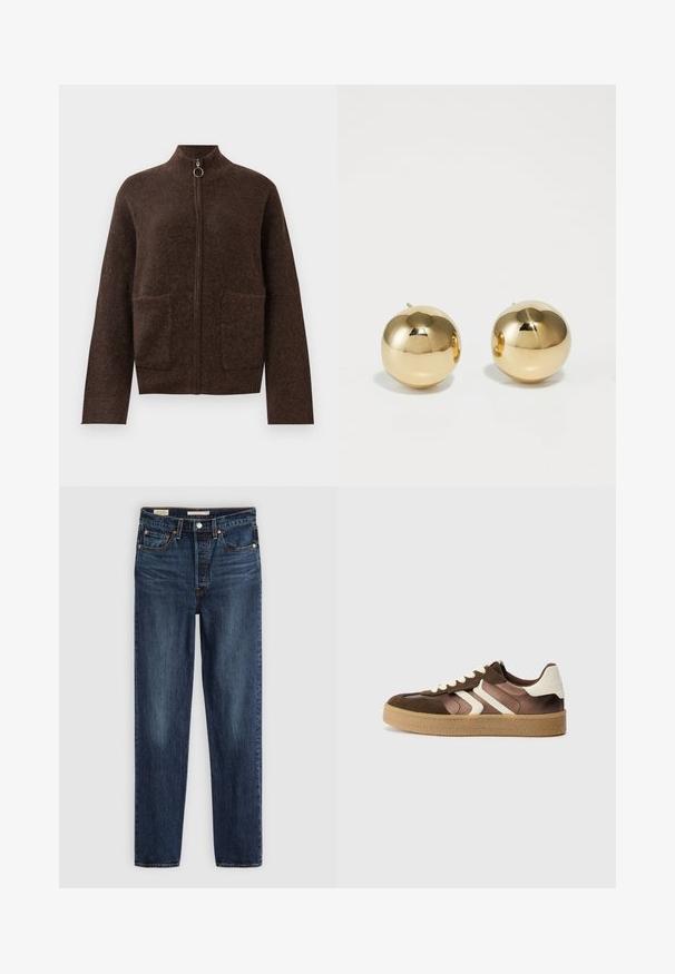Dark brown fuzzy zip-up cardigan with high neck, two front patch pockets, and long sleeves against a white background.; Dark brown cotton t-shirt with a round neckline, short sleeves, and a relaxed fit. Simple design with no visible patterns or accents.; Dark blue straight-leg jeans with five pockets, button and zipper closure, and contrast stitching.; Brown and cream sneakers with a combination of suede and satin materials, featuring three diagonal stripes and a textured gum sole.; Gold spherical stud earrings with a polished finish and small post. Feature a smooth texture and reflective surface.