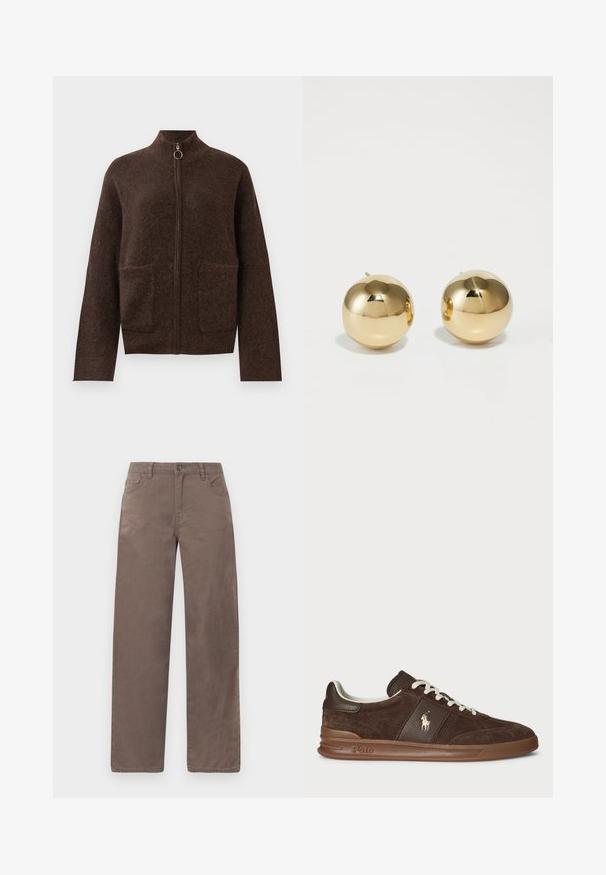 Tmavě hnědý chlupatý zipový cardigan s vysokým výstřihem, dvěma předními našitými kapsami a dlouhými rukávy na bílém pozadí.; Tmavě hnědé bavlněné tričko s kulatým výstřihem, krátkými rukávy a volným střihem. Jednoduchý design bez viditelných vzorů nebo akcentů.; Hnědé kalhoty rovného střihu z bavlny, se zapínáním na knoflík vpředu, poutek na opasek a pěti kapsami, s hladkým povrchem.; Hnědé semišové tenisky s texturovanými panely, bílými šňůrkami a zlatým logem. Mají gumovou podrážku a polstrovaný límec pro pohodlí.; Zlaté kulaté náušnice s hladkým povrchem a malým tácem. Mají jemnou texturu a odrazový povrch.