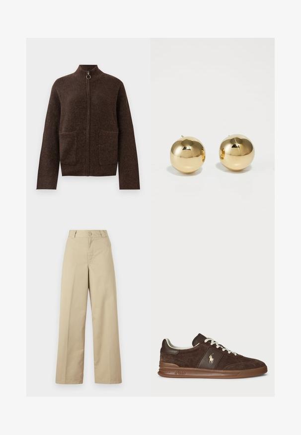 Dark brown fuzzy zip-up cardigan with high neck, two front patch pockets, and long sleeves against a white background.; Dark brown cotton t-shirt with a round neckline, short sleeves, and a relaxed fit. Simple design with no visible patterns or accents.; Beige wide-leg trousers made of cotton, featuring a button closure, belt loops, and a flat front with minimal detailing.; Brown suede sneakers with textured panels, white laces, and a gold logo. Features a rubber sole and a cushioned collar for comfort.; Gold spherical stud earrings with a polished finish and small post. Feature a smooth texture and reflective surface.