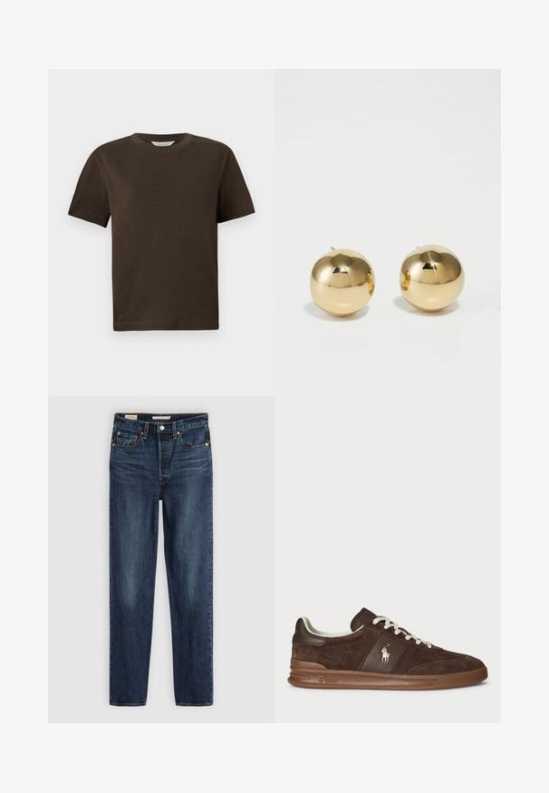 Tmavě hnědý chlupatý zipový cardigan s vysokým výstřihem, dvěma předními našitými kapsami a dlouhými rukávy na bílém pozadí.; Tmavě hnědé bavlněné tričko s kulatým výstřihem, krátkými rukávy a volným střihem. Jednoduchý design bez viditelných vzorů nebo akcentů.; Tmavě modré rovné džíny se pěti kapsami, zapínáním na knoflík a zip, a kontrastním šitím.; Hnědé semišové tenisky s texturovanými panely, bílými šňůrkami a zlatým logem. Mají gumovou podrážku a polstrovaný límec pro pohodlí.; Zlaté kulaté náušnice s hladkým povrchem a malým tácem. Mají jemnou texturu a odrazový povrch.