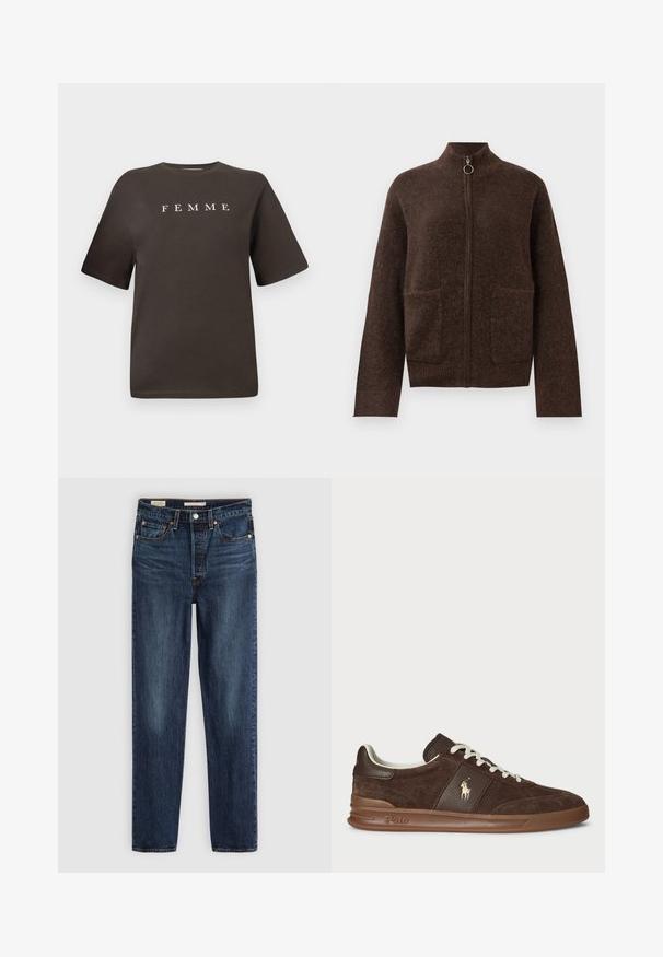 Tumepruun karvase viigipluus, millel on kõrge kaelus, kaks esist pocketsit ja pikad varrukad valge taustaga.; Pruun puuvillane T-särk lühikeste varrukatega ja ümmarguse kaelusega, mille esiküljel on keskel valgete tähtede kirjutises sõna "FEMME".; Tumedat sinised otsejalgsed teksad viie taskuga, nööp- ja tõmblukkidega, ning kontrastõmblustega.; Pruunid sametist tennisetossud tekstureeritud paneelidega, valged paelad ja kuldne logo. Omavad kummist tallat ja pehmendatud kaela mugavuse tagamiseks.