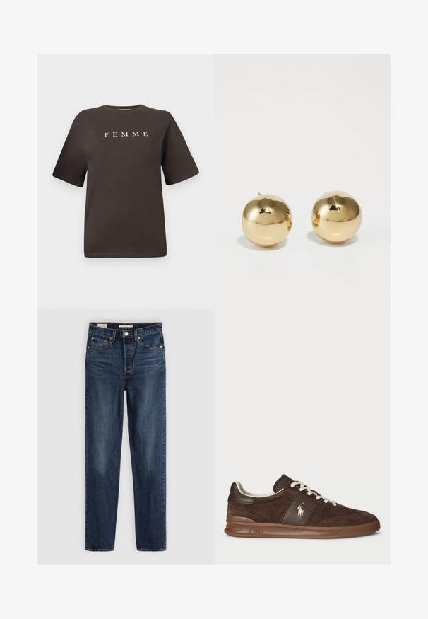 Tummanruskea karvainen vetoketjullinen neuletakki, jossa on korkea kaulus, kaksi etupakkaustaskua ja pitkät hihat valkoista taustaa vasten.; Valkoinen t-paita, jossa on lyhyet hihat ja pyöreä pääntie, ja etupuolella on keskellä sana "FEMME" valkoisena.; Tummansiniset suoralahkeiset farkut, joissa on viisi taskua, nappi- ja vetoketjukiinnitys sekä kontrastivärinen ompelu.; Ruske nubuk sneakerit, joissa on tekstuuripaneelit, valkoiset nauhat ja kultainen logo. Varustettu kumipohjalla ja pehmustetulla kauluksella mukavuutta varten.; Kultaiset pallomaiset nappikorvakorut, joissa on kiiltävä pinta ja pieni tappi. Ominaisuuksina sileä tuntuma ja heijastava pinta.