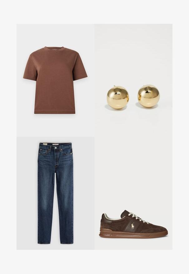 Donkerbruin fuzzy zip-up cardigan met hoge hals, twee voorzakken enlange mouwen tegen een witte achtergrond.; Bruine katoenen t-shirt met een ronde hals, korte mouwen en een ontspannen pasvorm. Soepele textuur en geen zichtbare patronen of versieringen.; Diepblauwe rechte jeans met vijf zakken, knoop- en ritssluiting, en contrasterende stiksels.; Bruine suède sneakers met textuurpanelen, witte veters en een gouden logo. Voorzien van een rubberen zool en een gevoerde kraag voor comfort.; Gouden ronde stud oorbellen met een gepolijste afwerking en een kleine post. Ze hebben een gladde textuur en een reflecterend oppervlak.