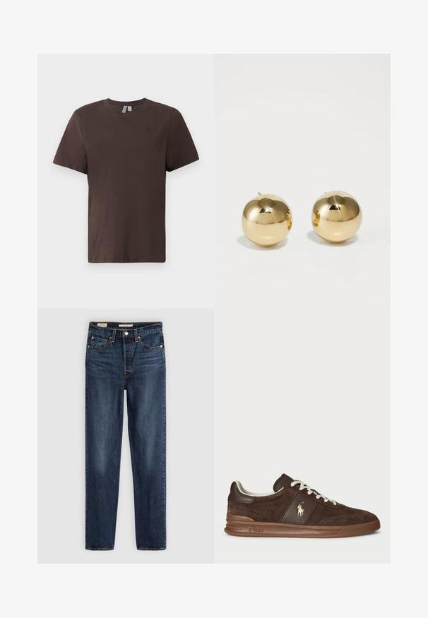 Mørkebrun, fuzzy zip-up cardigan med høj hals, to forlommer og lange ærmer på en hvid baggrund.; Brun bomulds T-shirt med rund hals, korte ærmer og en afslappet pasform. Glat tekstur uden synlige mønstre eller dekorationer.; Mørkeblå lige ben jeans med fem lommer, knap- og lynlås lukning samt kontrastsyninger.; Brune ruskinds sneakers med teksturerede paneler, hvide snørebånd og et guld logo. Har en gummisål og en polstret krave for komfort.; Guld kegleformede ørestikker med en poleret finish og lille stift. Har en glat tekstur og reflekterende overflade.