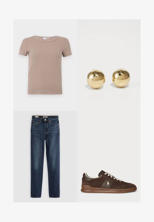 Dark brown fuzzy zip-up cardigan with high neck, two front patch pockets, and long sleeves against a white background.; Short-sleeve beige ribbed knit t-shirt with crew neckline, displayed against a plain white background.; Dark blue straight-leg jeans with five pockets, button and zipper closure, and contrast stitching.; Brown suede sneakers with textured panels, white laces, and a gold logo. Features a rubber sole and a cushioned collar for comfort.; Gold spherical stud earrings with a polished finish and small post. Feature a smooth texture and reflective surface.