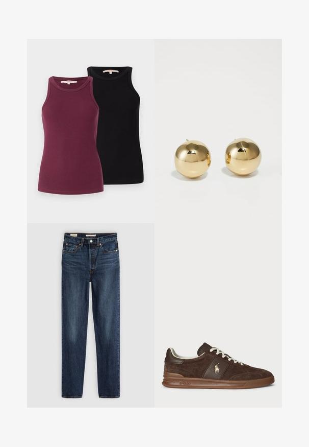 Tumepruun karvase viigipluus, millel on kõrge kaelus, kaks esist pocketsit ja pikad varrukad valge taustaga.; Kaks ribadega särk burgundia ja musta värviga. Neil on ümarad kaelused ja need on kavandatud kitsas silueti saavutamiseks. Sujuv tekstuur.; Tumedat sinised otsejalgsed teksad viie taskuga, nööp- ja tõmblukkidega, ning kontrastõmblustega.; Pruunid sametist tennisetossud tekstureeritud paneelidega, valged paelad ja kuldne logo. Omavad kummist tallat ja pehmendatud kaela mugavuse tagamiseks.; Kuldne ümarate stud-kõrvarõngad, millel on poleeritud viimistlus ja väike post. Omavad siledat tekstuuri ja peegeldavat pinda.