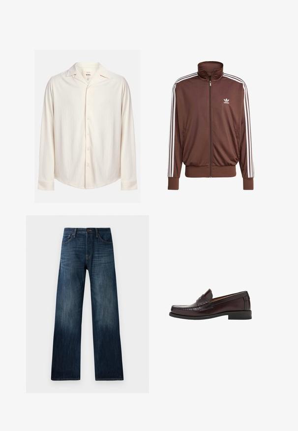Smeđa poliesterska jakna za trčanje s bijelim bočnim trakama, visokim ovratnikom, prednjim zatvaračem i Adidas logotipom na lijevoj strani prsnog koša. Ima dva bočna džepa.; Kremasti dugih rukava košulja s dugim rukavima s teksturiranim prugastim uzorkom i oštrim ovratnikom. Ima zaobljeni rub i gumbe kao ukras.; Tamno plave traperice ravnog kroja, s laganom teksturom, petljama za remen i klasičnim dizajnom s pet džepova.; Smeđe kožne mokasine s okruglim vrhom, dekorativnim šavovima na prednjem dijelu i ravnim gumenim potplatima za podršku i izdržljivost.