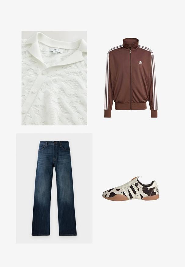 Hnědá polyesterová sportovní bunda s bílými bočními pruhy, vysokým límcem, předním zipem a logem Adidas na levé části hrudi. Obsahuje dvě boční kapsy.; Bílý pletený cardigan s texturovaným geometrickým vzorem, s límečkem polo a třemi knoflíkovými uzávěry vpředu.; Tři bílé tílka vyrobené ze žebrované bavlny. Každé má kulatý výstřih a malou logo nášivku na lemu. Klasický, jednoduchý design.; Tmavě modré džíny s rovnými nohavicemi, mají lehkou texturu, poutka na pás a klasický pětipocket design.; Bílo-černé kožené boty s vzorem a texturovaným povrchem, s třemi bílými horizontálními pruhy a hnědou gumovou podrážkou.