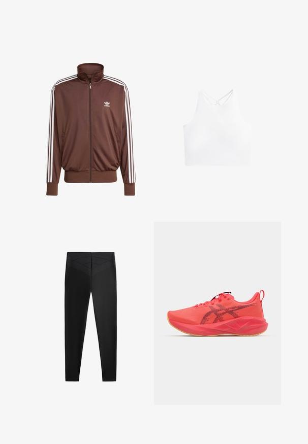 Barna poliészter tréningdzseki fehér oldalsávokkal, magas gallérral, elülső cipzárral és Adidas logóval a bal mellkason. Két oldalsó zsebe van.; Fehér sportos crop top, magas nyakkivágással és dupla keresztpánttal a háton, sima, rugalmas anyagból készült.; Fekete sport leggings sima textúrával, széles derékpánttal és átlós textúra mintázattal a derék körül, amely extra dizájn részletet ad.; Élénk rózsaszín sportcipő, szintetikus felsőrésszel, gumitalppal, párnázott boka résszel, hálós textúrával és fekete logóakkcentusokkal az oldalon.