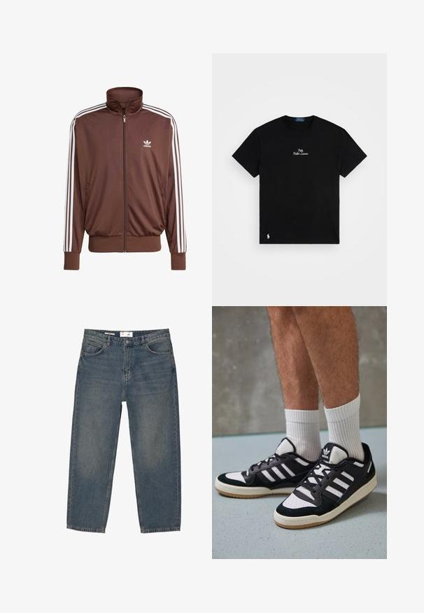 Rjava poliester jakna za sledenje z belimi stranskimi črtami, visokim ovratnikom, sprednjim zadrgo in Adidasovim logotipom na levi prsih. Ima dve stranski žep.; Črna bombažna majica s krožnim ovratnikom, kratkimi rokavi, izšito logotipom "Polo Ralph Lauren" v beli barvi in majhnim belim logotipom na spodnjem robu.; Modre kavbojke s širokim fitom, z klasičnim pet-pocket dizajnom in minimalnim zbledelostjo. Vključuje zapiranje na gumb in zanke za pas.; Črno-bele superge z zgornjim delom iz usnja in nubuka, ki imajo tri bele črte, perforiran vrh prstov in podplat iz gume.