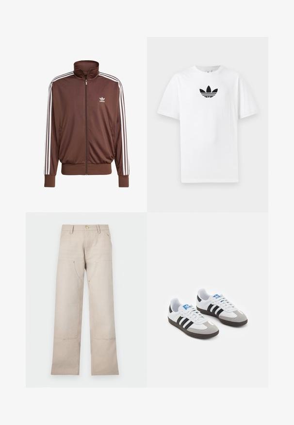 Brun polyester treningsjakke med hvite sidelister, høy krage, frontglidelås og Adidas-logo på venstre bryst. Har to sidelommer.; Hvit bomulls T-skjorte med en svart Adidas-logo i midten. Korte ermer og design med rund hals. Glatt tekstur.; Beige bomullsbukser med rett ben-design, med to frontlommer og to glidelåsdetaljer. Gullsmykker fremhever.; Sportssko med en hvit skinnoverdel, grå semsket tå og tre svarte striper. Har en blå logo på tungen og en teksturert gummisåle.