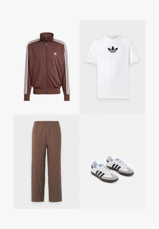 Brun polyester træningsjakke med hvide sidelister, høj krave, frontlynlås og Adidas-logo på venstre bryst. Har to sidelommer.; Hvid bomulds T-shirt med et sort Adidas-logo i midten. Korte ærmer og rund halsudskæring. Glat tekstur.; Brune linnedragter med en afslappet pasform, der har en strækbar elastisk talje og lige ben, glat tekstur og minimal detaljering.; Sportsko med en overdel i hvid læder, grå ruskind på tåen og tre sorte striber. Har et blåt logo på tungen og en struktureret gummisål.