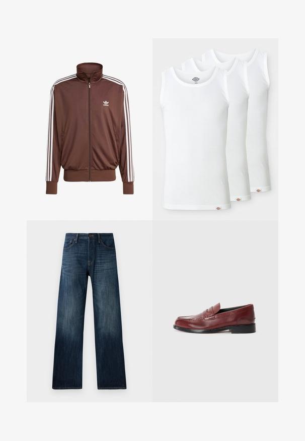 Jachetă de trening din poliester maro, cu dungi albe pe laterale, guler înalt, fermoar frontal și logo-ul Adidas pe pieptul stâng. Dispune de două buzunare laterale.; Trei maieuri albe din bumbac ribbat. Fiecare are un decolteu rotund și un etichetă logo mică la margine. Design clasic și simplu.; Jeans din denim albastru închis cu un design drept, având o textură ușoară, bucle pentru curea și un stil clasic cu cinci buzunare.; Mocasin din piele bordó cu un finisaj neted, cusături decorative și vârf rotunjit. Asigură un toc mic negru.
