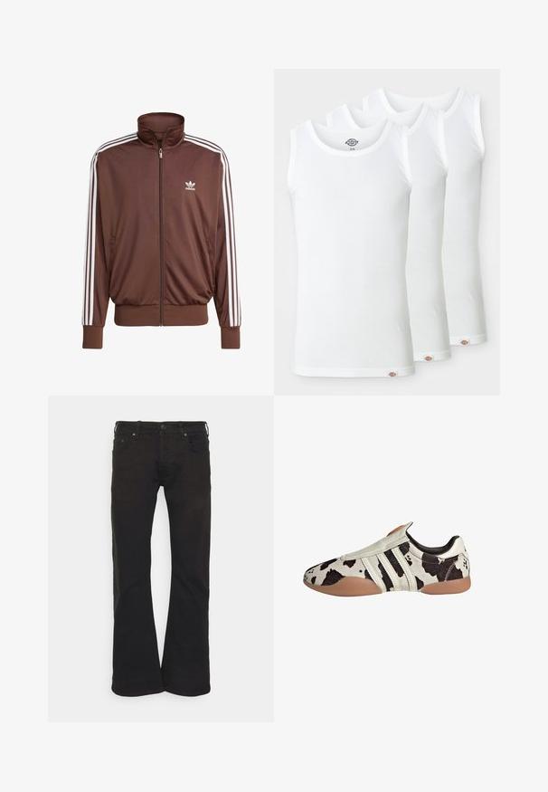 Chaqueta de chándal marrón de poliéster con franjas blancas en los laterales, cuello alto, cremallera frontal y logo de Adidas en el lado izquierdo del pecho. Presenta dos bolsillos laterales.; Tres camisetas sin mangas blancas hechas de algodón ribeteado. Cada una tiene un cuello redondo y una pequeña etiqueta de logo en el dobladillo. Diseño clásico y simple.; Jeans negros acampanados de denim, con cierre de botón, diseño de cinco bolsillos y una textura suave con un ligero brillo.; Zapatos de cuero con patrón blanco y negro, con un acabado texturizado, que presentan tres rayas horizontales blancas y una suela de goma marrón.