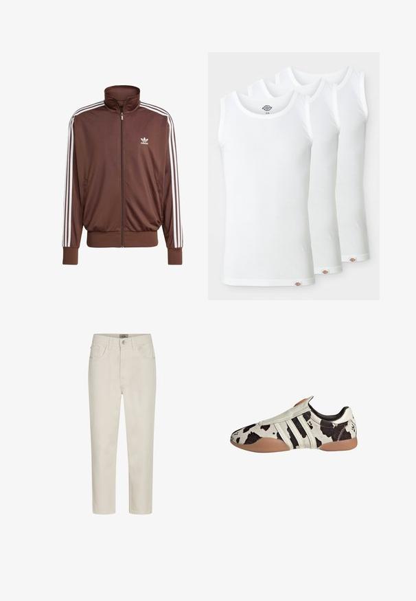 Ruskopäiväinen polyesteriset takki, jossa on valkoiset sivustripit, korkea kaulus, etuvetoketju ja Adidas-logo vasemmassa rinnassa. Varustettu kahdella sivutaskulla.; Kolme valkoista toppia, jotka on valmistettu ribbikankaasta. Jokaisessa on pyöreä kaula-aukko ja pieni logo-etiketti helman kohdalla. Klassinen, yksinkertainen muotoilu.; Beige suorat lahkeet farkut etupainikkeella, vyölenkeillä ja viiden taskun suunnittelulla, esitelty valkoista taustaa vasten.; Valkoiset ja mustat kuviolliset nahkakengät, joissa on teksturoitu pinta, kolme valkoista vaakasuoraa raitaa ja ruskea kumipohja.