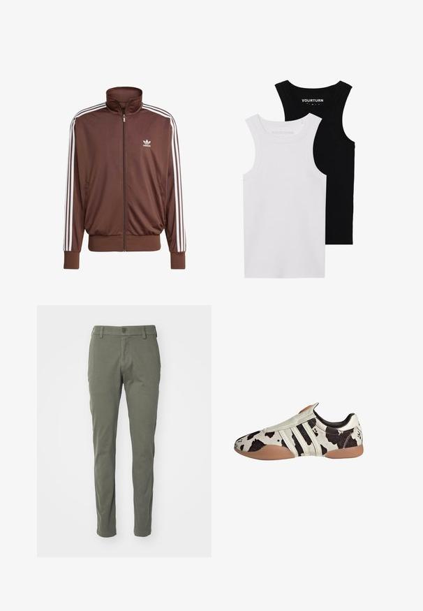 Brązowa kurtka sportowa z poliestru z białymi paskami po bokach, wysokim kołnierzem, przednim zamkiem błyskawicznym i logo Adidas na lewej piersi. Posiada dwie boczne kieszenie.; Dwa dopasowane topy na ramiączkach w kolorze czarnym i białym. Wykonane z prążkowanej bawełny, mają szerokie ramiączka i zaokrąglone dekolty. Logo na kołnierzu.; Oliwkowe spodnie z gładkiego materiału, z zapięciem na guzik, paskami oraz prostym krojem. Brak widocznych wzorów lub akcentów.; Czarno-białe skórzane buty w wzory z teksturowanym wykończeniem, z trzema białymi poziomymi paskami i brązową gumową podeszwą.