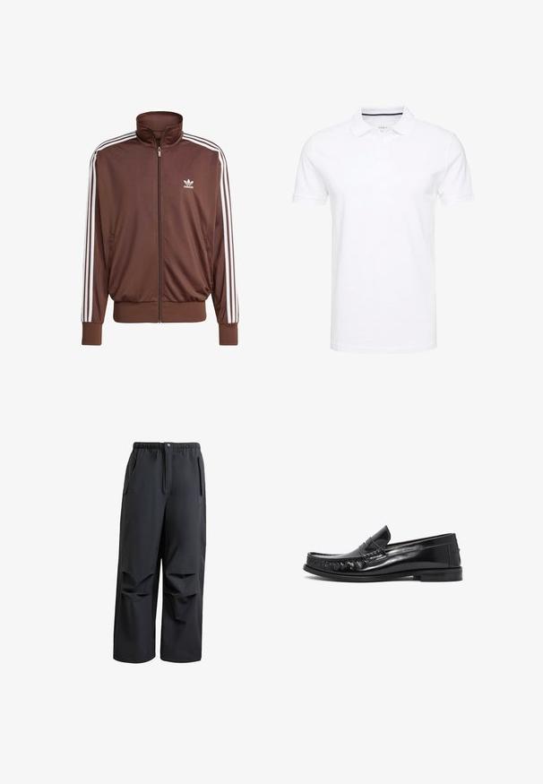 Braune Polyester-Trainingsjacke mit weißen seitlichen Streifen, hohem Kragen, Frontreißverschluss und Adidas-Logo auf der linken Brust. Verfügt über zwei seitliche Taschen.; Weißes Poloshirt aus Baumwolle, mit einem traditionellen Kragen, kurzen Ärmeln und einer Dreiknopf-Leiste, die innen subtile marineblaue Akzente aufweist.; Schwarze, locker sitzende Hose aus weichem Stoff. Mit einem elastischen Bund, Knopfverschluss und zwei seitlichen Taschen mit plissierten Details.; Schwarze Lederloafers mit einem eleganten Design, strukturiertem Vorderteil und dekorativer Stickerei. Flache Sohle mit hochglänzender Oberfläche und minimalen Akzenten.